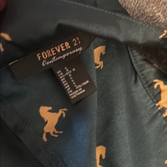 Forever 21 Satin texture Dark Green Blouse Gold colour Horse Print - Picture 3 of 5